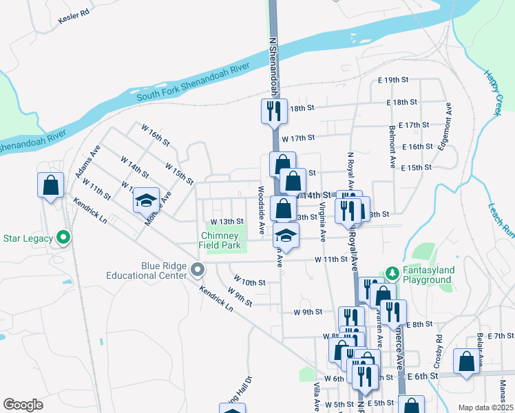 map of restaurants, bars, coffee shops, grocery stores, and more near 1325 Woodside Avenue in Front Royal