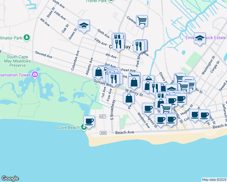 map of restaurants, bars, coffee shops, grocery stores, and more near 416 South Broadway in West Cape May