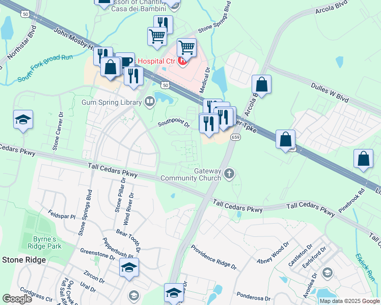 map of restaurants, bars, coffee shops, grocery stores, and more near 42303 San Juan Terrace in Aldie