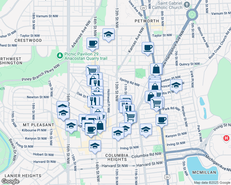 map of restaurants, bars, coffee shops, grocery stores, and more near 3606 13th Street Northwest in Washington