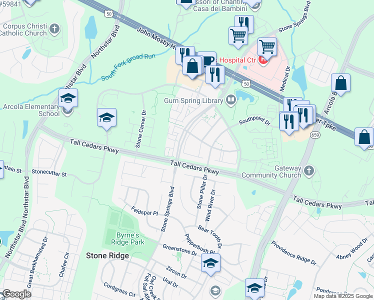 map of restaurants, bars, coffee shops, grocery stores, and more near Siltstone Square in Aldie