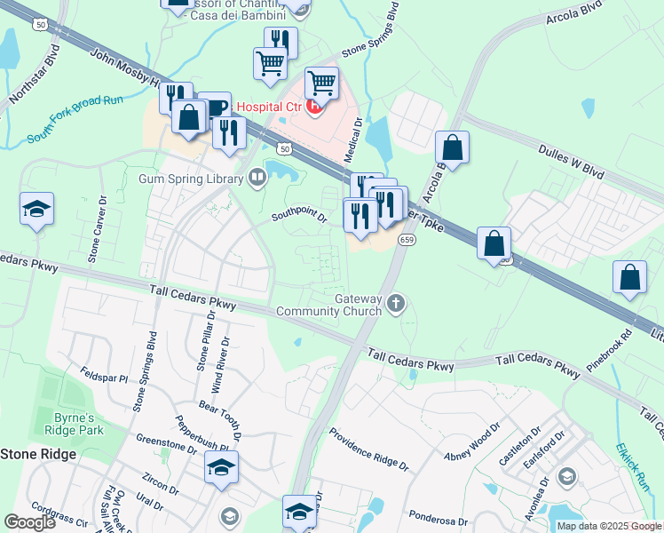 map of restaurants, bars, coffee shops, grocery stores, and more near 42305 San Juan Terrace in Aldie
