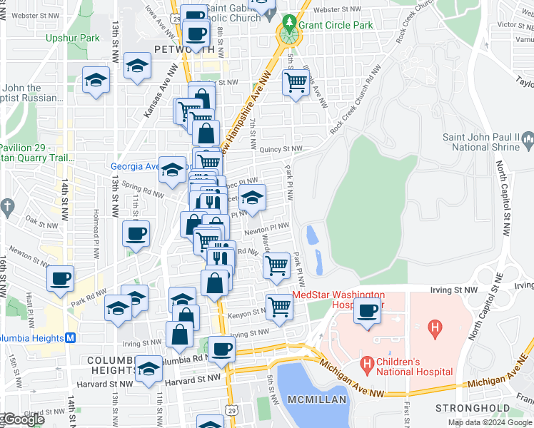 map of restaurants, bars, coffee shops, grocery stores, and more near 3577 Warder Street Northwest in Washington