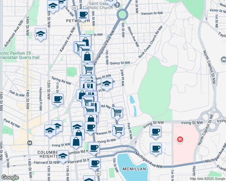 map of restaurants, bars, coffee shops, grocery stores, and more near 3577 Warder Street Northwest in Washington