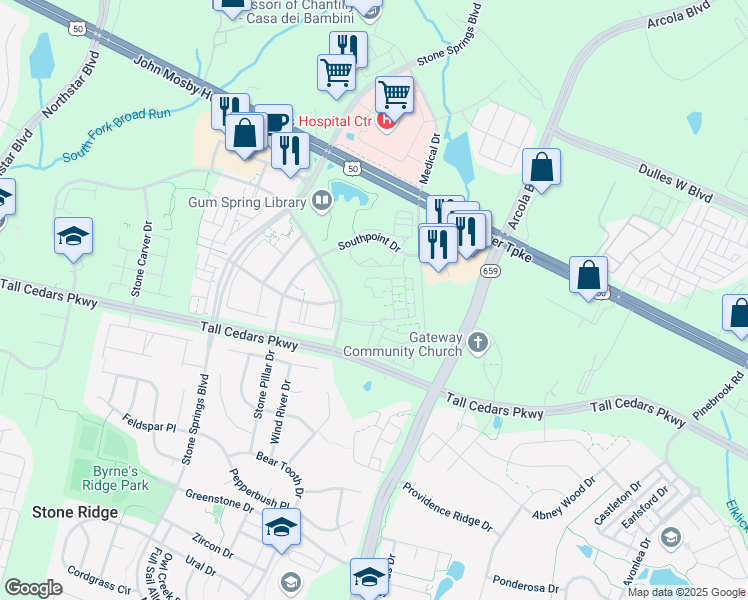 map of restaurants, bars, coffee shops, grocery stores, and more near 24699 Water Iris Terrace in Aldie