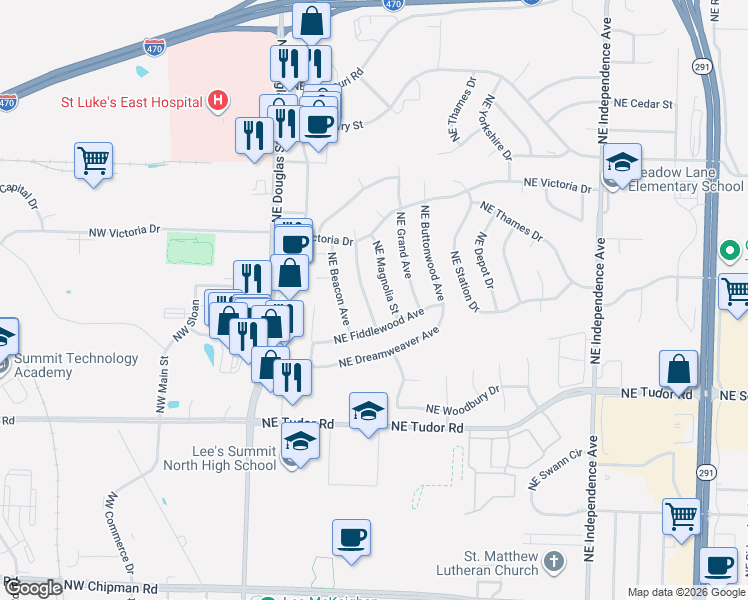 map of restaurants, bars, coffee shops, grocery stores, and more near 1201 Northeast Applewood Street in Lee's Summit