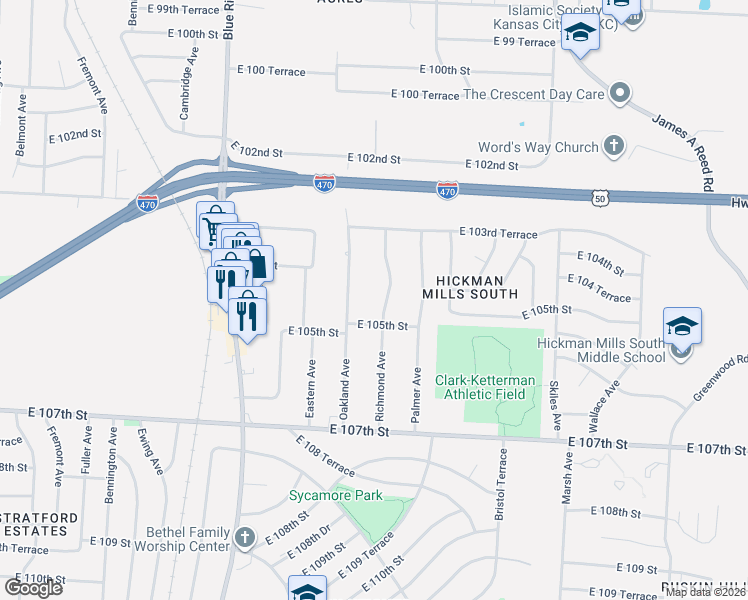 map of restaurants, bars, coffee shops, grocery stores, and more near 10427 Richmond Avenue in Kansas City