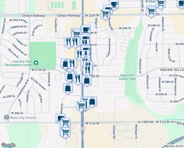 map of restaurants, bars, coffee shops, grocery stores, and more near 2021 West 27th Street in Lawrence