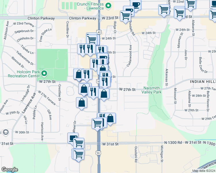 map of restaurants, bars, coffee shops, grocery stores, and more near 2021 West 27th Street in Lawrence