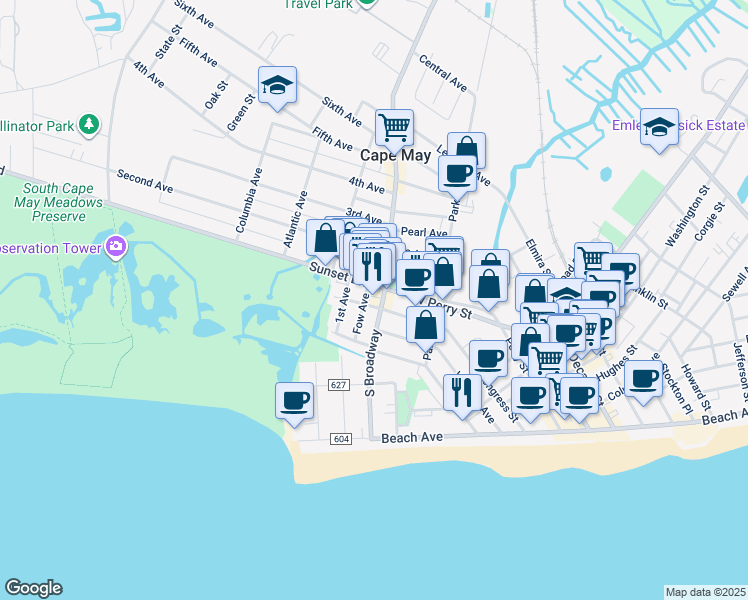 map of restaurants, bars, coffee shops, grocery stores, and more near 416 South Broadway in West Cape May