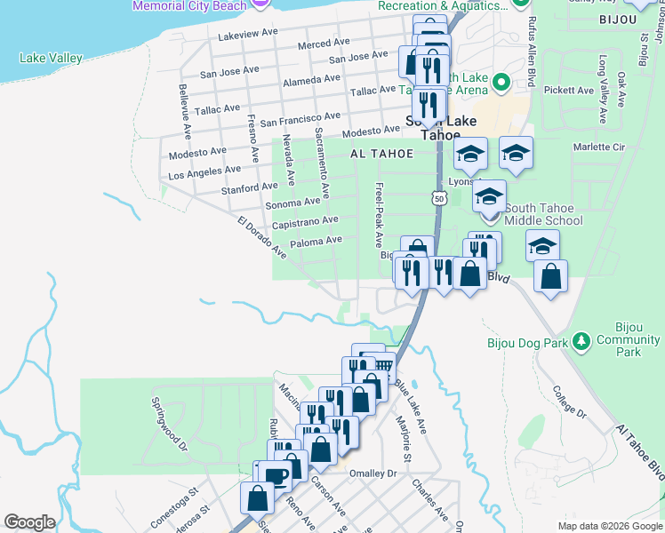 map of restaurants, bars, coffee shops, grocery stores, and more near 2900 Sacramento Avenue in South Lake Tahoe