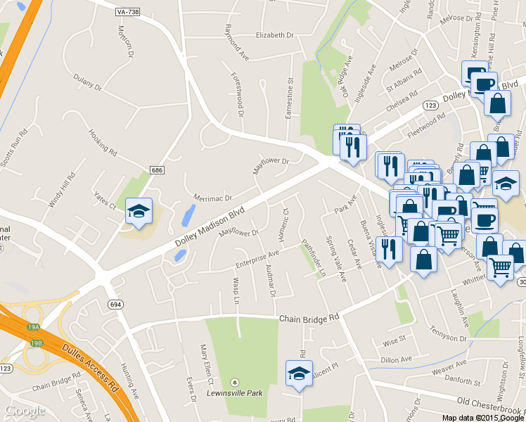 map of restaurants, bars, coffee shops, grocery stores, and more near 1402 Mayflower Drive in McLean