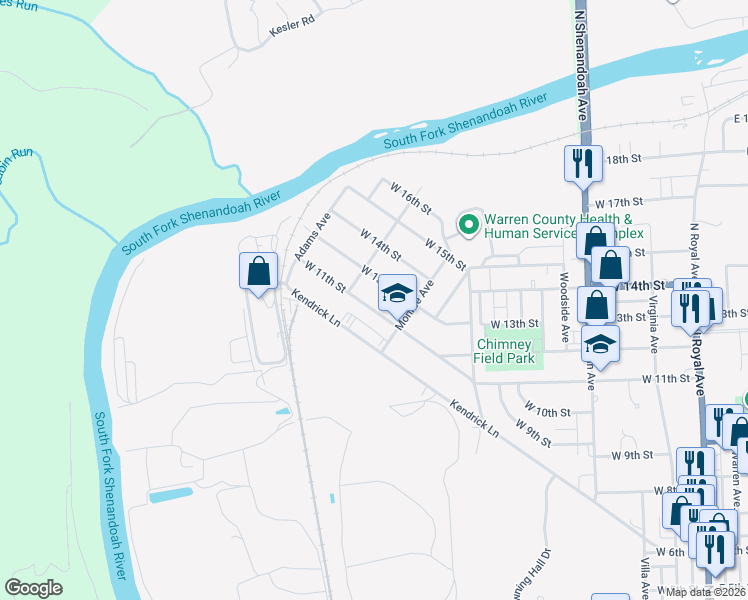 map of restaurants, bars, coffee shops, grocery stores, and more near 726 West 11th Street in Front Royal