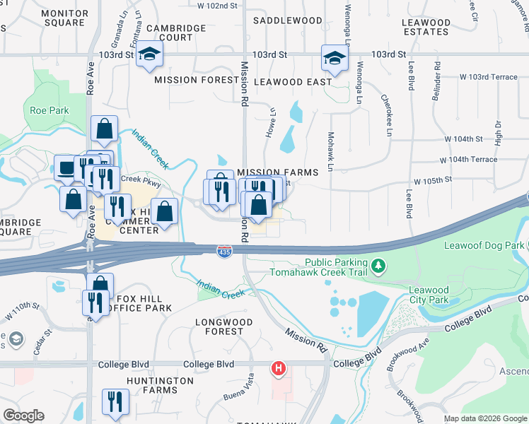 map of restaurants, bars, coffee shops, grocery stores, and more near 10671 Mission Road in Leawood
