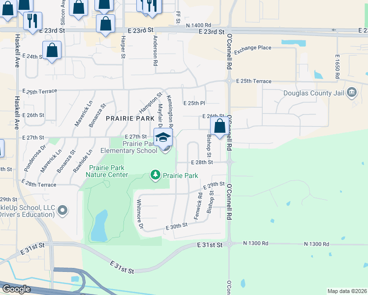 map of restaurants, bars, coffee shops, grocery stores, and more near 2817 South Kensington Road in Lawrence