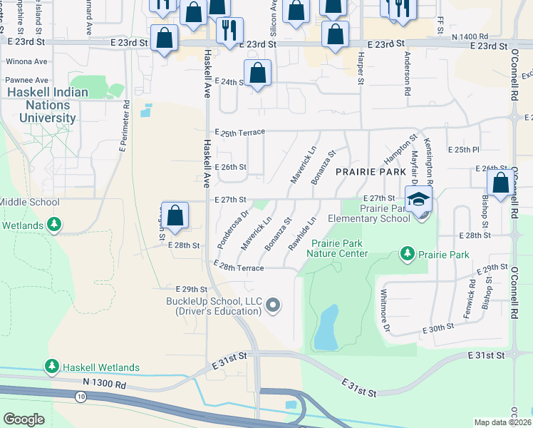 map of restaurants, bars, coffee shops, grocery stores, and more near 2716 Maverick Lane in Lawrence