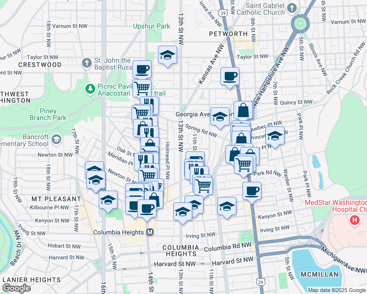 map of restaurants, bars, coffee shops, grocery stores, and more near 3603 13th Street Northwest in Washington