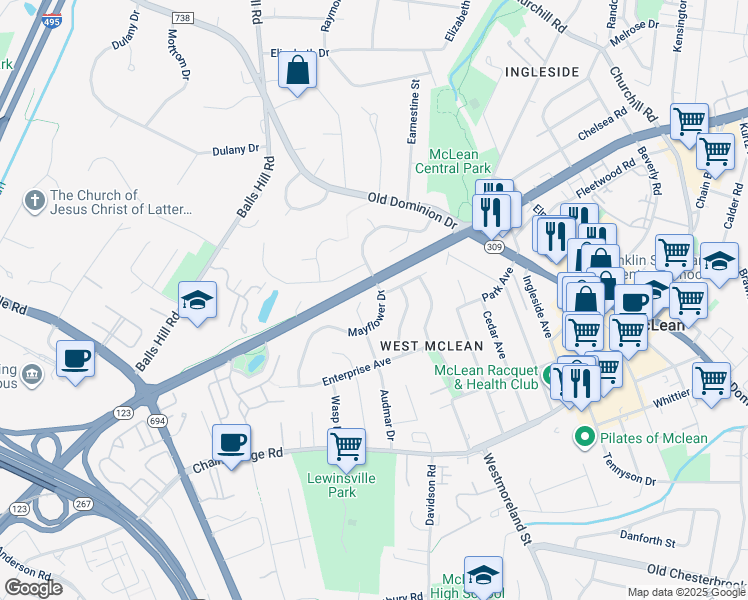 map of restaurants, bars, coffee shops, grocery stores, and more near 1402 Mayflower Drive in McLean