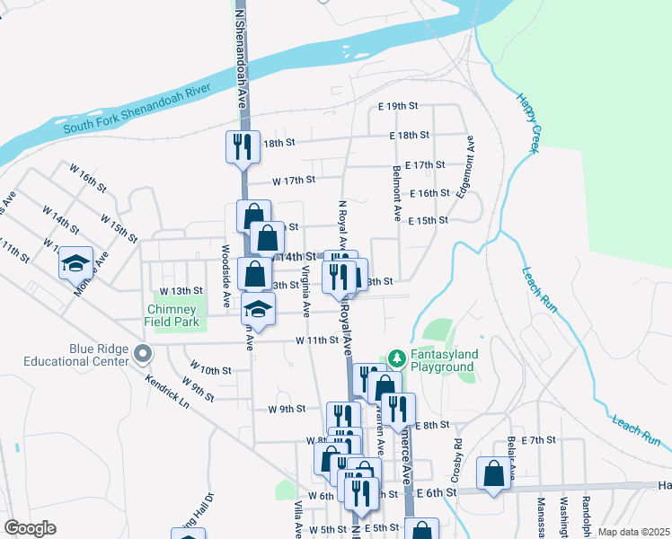 map of restaurants, bars, coffee shops, grocery stores, and more near 1314 North Royal Avenue in Front Royal