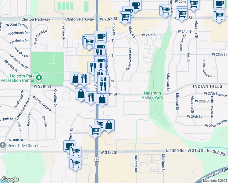 map of restaurants, bars, coffee shops, grocery stores, and more near 2004 West 27th Street in Lawrence