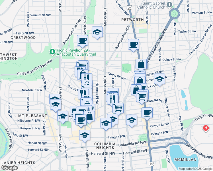 map of restaurants, bars, coffee shops, grocery stores, and more near 3603 13th Street Northwest in Washington