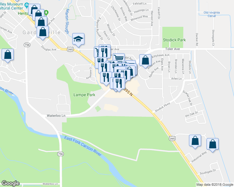 map of restaurants, bars, coffee shops, grocery stores, and more near 1328 Highway 395 in Gardnerville