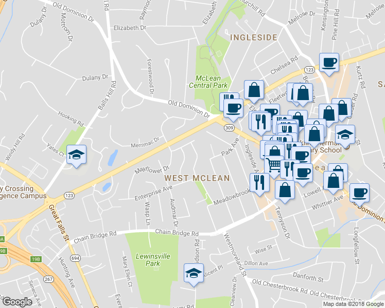 map of restaurants, bars, coffee shops, grocery stores, and more near 1404 Pathfinder Lane in McLean