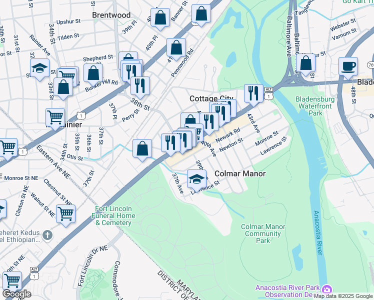 map of restaurants, bars, coffee shops, grocery stores, and more near in Brentwood