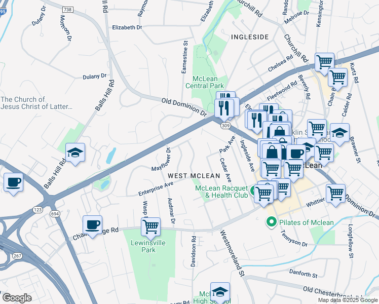 map of restaurants, bars, coffee shops, grocery stores, and more near 1404 Pathfinder Lane in McLean