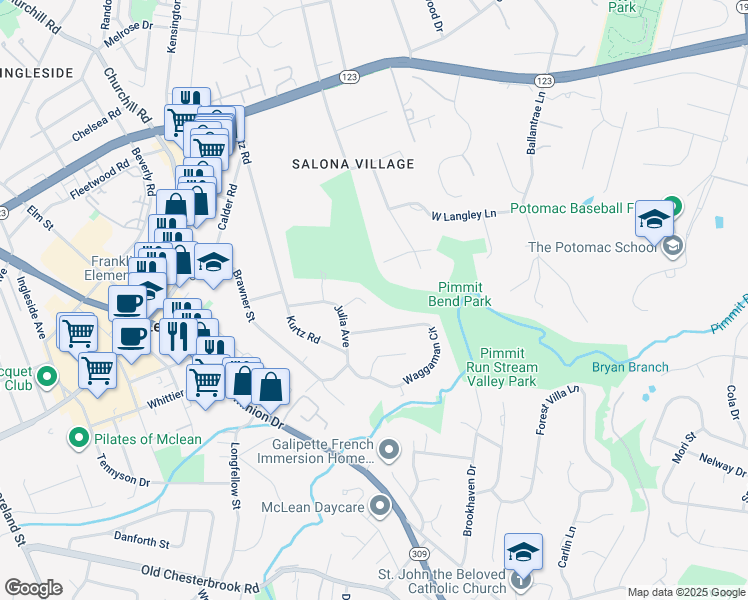 map of restaurants, bars, coffee shops, grocery stores, and more near 6512 Topeka Road in McLean