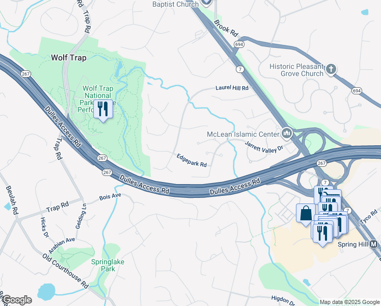 map of restaurants, bars, coffee shops, grocery stores, and more near 9012 Edgepark Road in Vienna