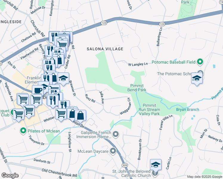 map of restaurants, bars, coffee shops, grocery stores, and more near 6512 Topeka Road in McLean