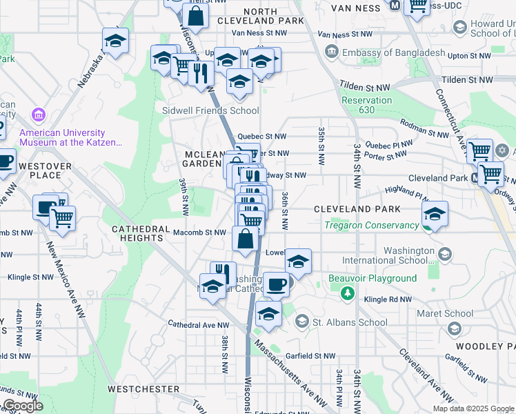 map of restaurants, bars, coffee shops, grocery stores, and more near 3406 Wisconsin Avenue Northwest in Washington