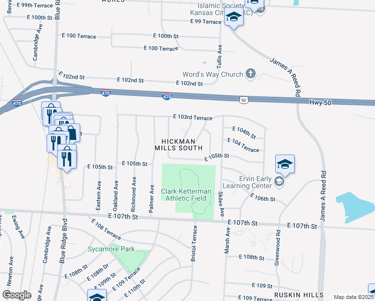 map of restaurants, bars, coffee shops, grocery stores, and more near 7905 East 104 Terrace in Kansas City