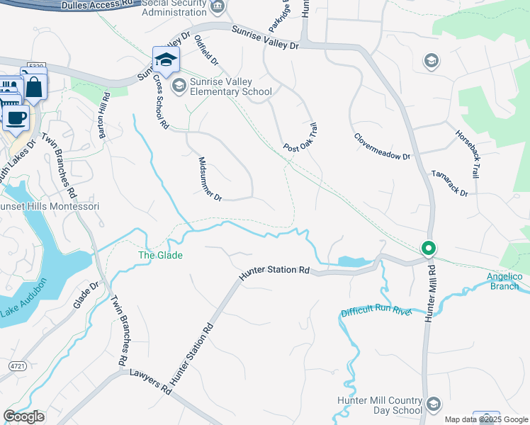 map of restaurants, bars, coffee shops, grocery stores, and more near 10705 Midsummer Drive in Reston