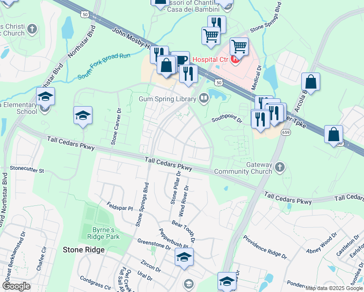 map of restaurants, bars, coffee shops, grocery stores, and more near 24687 Kings Canyon Square in Stone Ridge