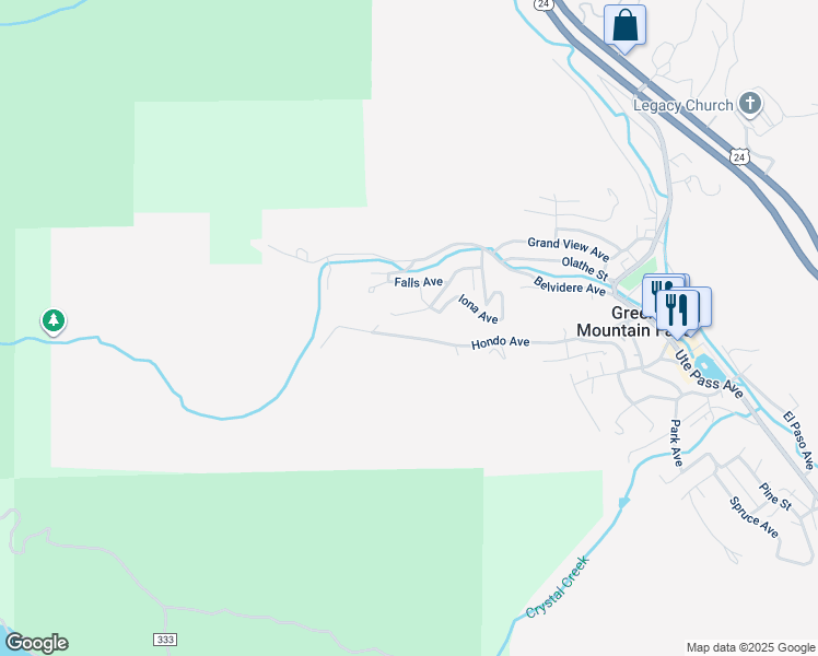 map of restaurants, bars, coffee shops, grocery stores, and more near 11085 Falls Avenue in Green Mountain Falls
