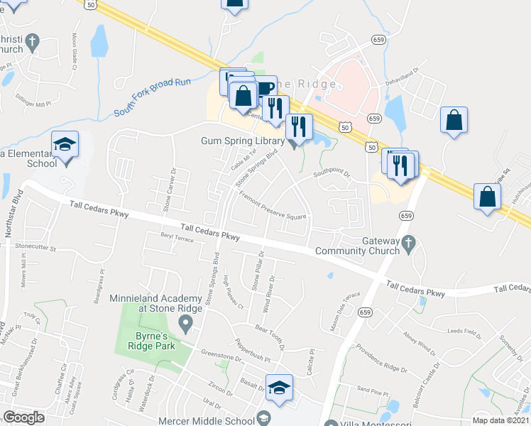 map of restaurants, bars, coffee shops, grocery stores, and more near 24687 Kings Canyon Square in Stone Ridge