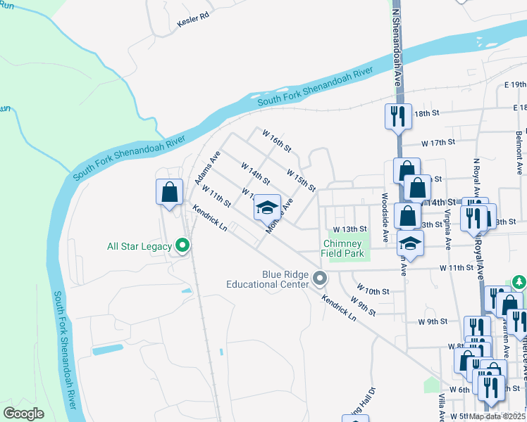 map of restaurants, bars, coffee shops, grocery stores, and more near 720 West 13th Street in Front Royal