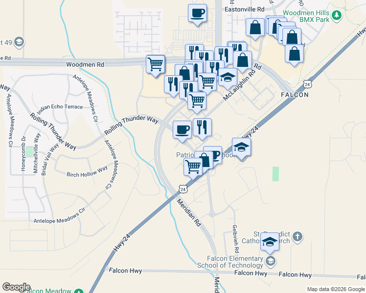 map of restaurants, bars, coffee shops, grocery stores, and more near 7115 McLaughlin Road in Peyton