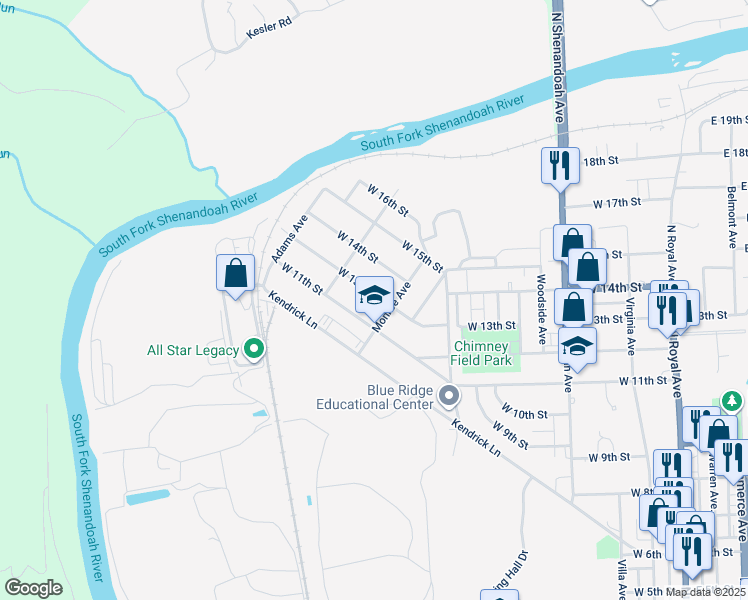 map of restaurants, bars, coffee shops, grocery stores, and more near 716 West 13th Street in Front Royal