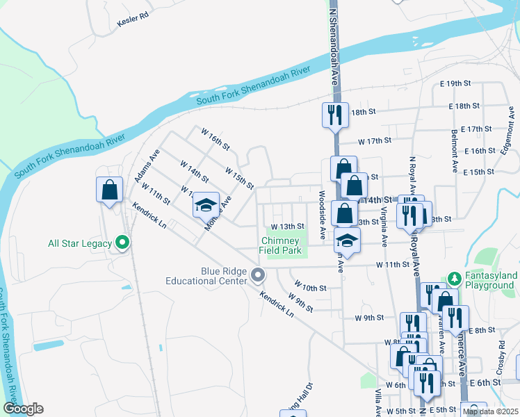 map of restaurants, bars, coffee shops, grocery stores, and more near 600 West 14th Street in Front Royal