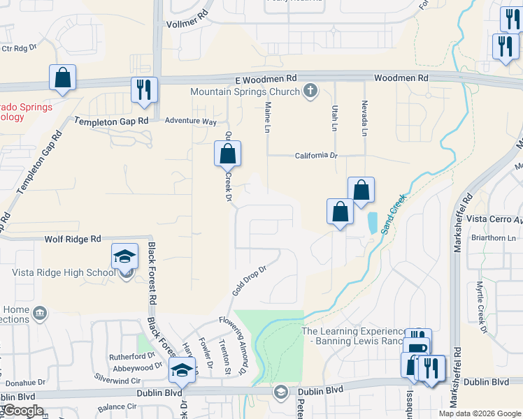 map of restaurants, bars, coffee shops, grocery stores, and more near 7226 Thorn Brush Way in Colorado Springs