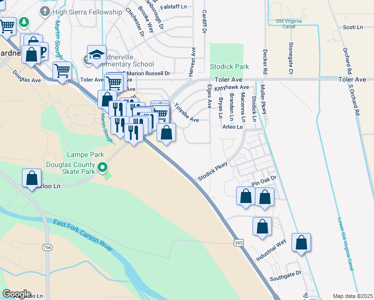 map of restaurants, bars, coffee shops, grocery stores, and more near 1386 Village Way in Gardnerville