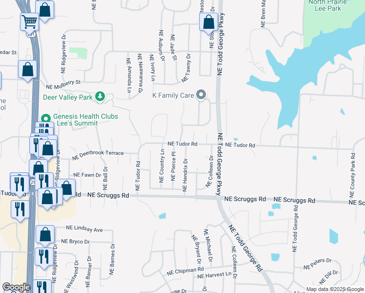 map of restaurants, bars, coffee shops, grocery stores, and more near 1304 Northeast Valley Forge Drive in Lee's Summit