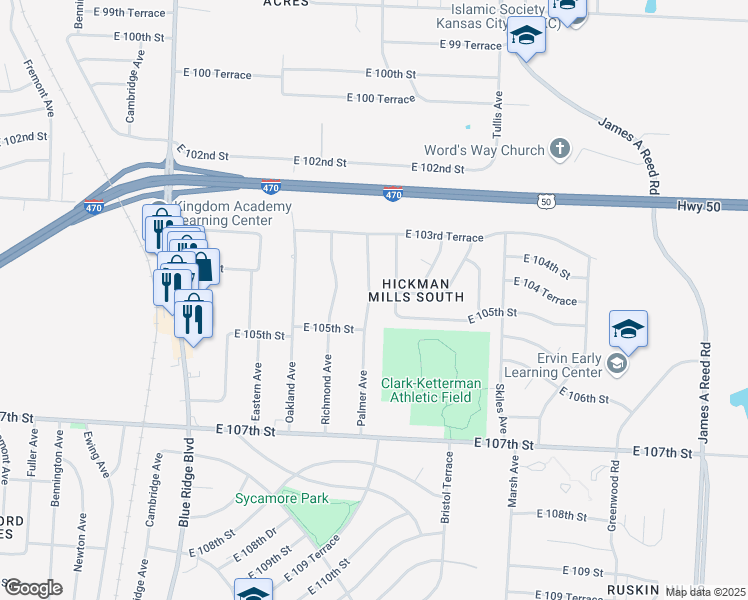 map of restaurants, bars, coffee shops, grocery stores, and more near 10403 Palmer Avenue in Kansas City