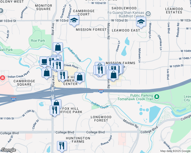 map of restaurants, bars, coffee shops, grocery stores, and more near 4030 Indian Creek Parkway in Overland Park