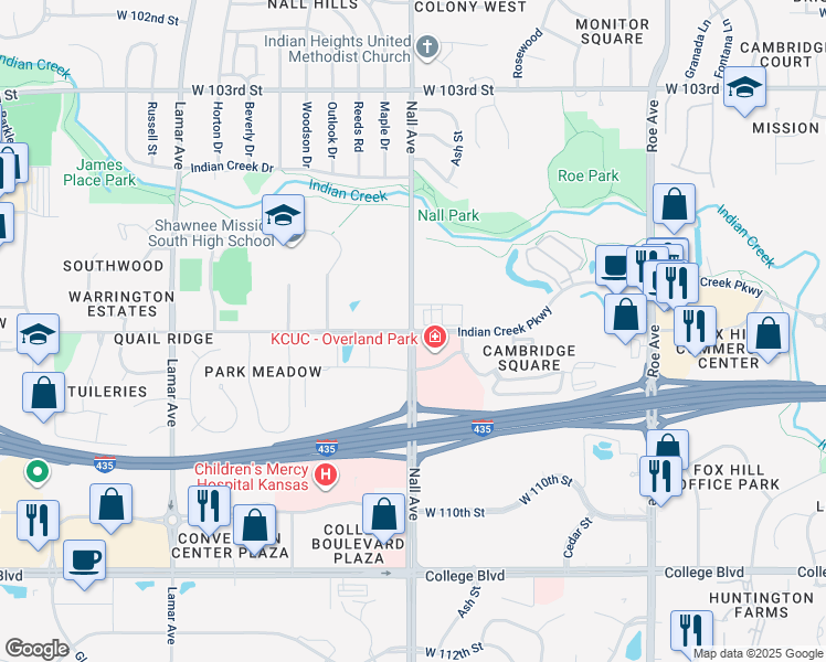 map of restaurants, bars, coffee shops, grocery stores, and more near 10601-10675 Nall Ave in Overland Park