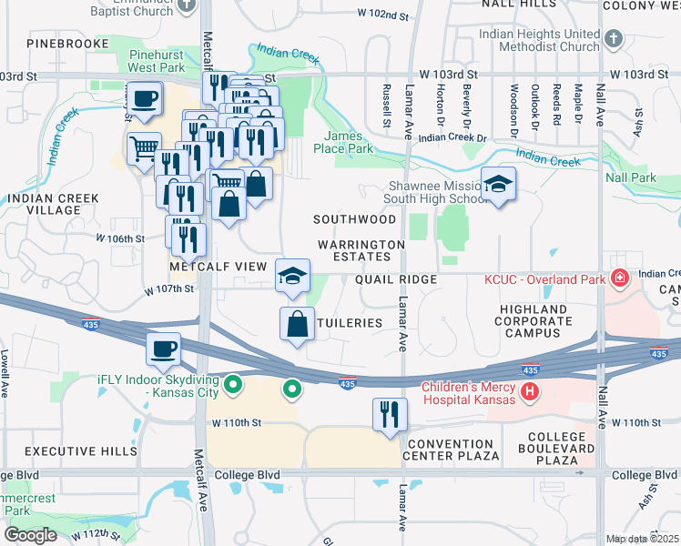 map of restaurants, bars, coffee shops, grocery stores, and more near 10683 Riggs Drive in Overland Park