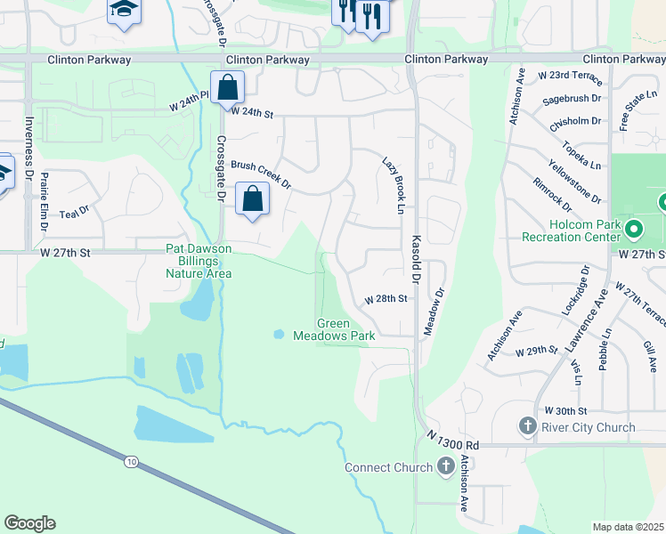 map of restaurants, bars, coffee shops, grocery stores, and more near 2534 Winterbrook Drive in Lawrence